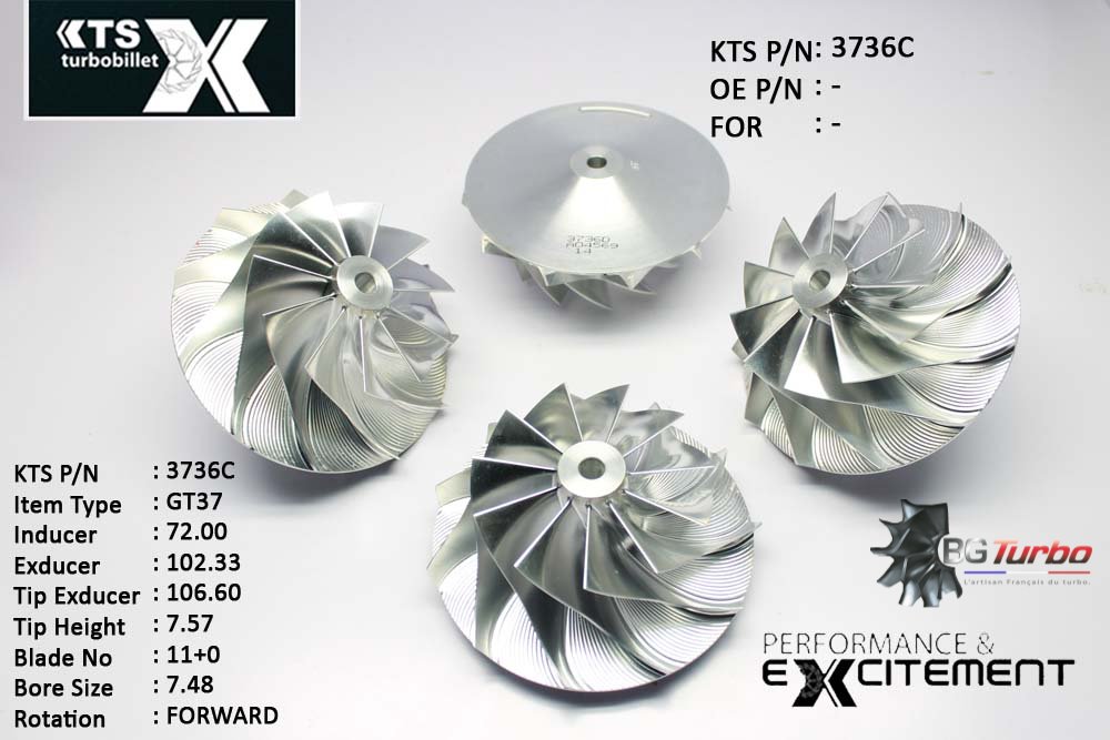 Turbo ROUE FORGÉE MFS PERFORMANCE - 11+0 PALES - INDUCER : 72 - EXDUCER : 102,33 - TYPE : GT37ANGLE : 60° - ROTATION : Forward - SUPER BACK : 8,2 - BORE SIZE : 7,48
